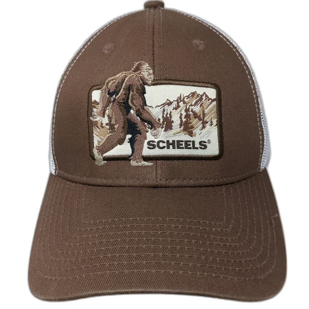 Scheels Trucker Hat Brown OSFM Bigfoot Sasquatch Mountain Patch Mesh Snapback